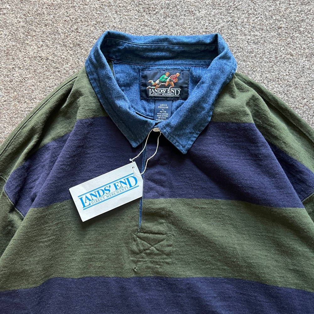 Vintage ‘92 Lands End Rugby Long Sleeve Polo Denim Collar Green Blue Stripe XL - Picture 3 of 16